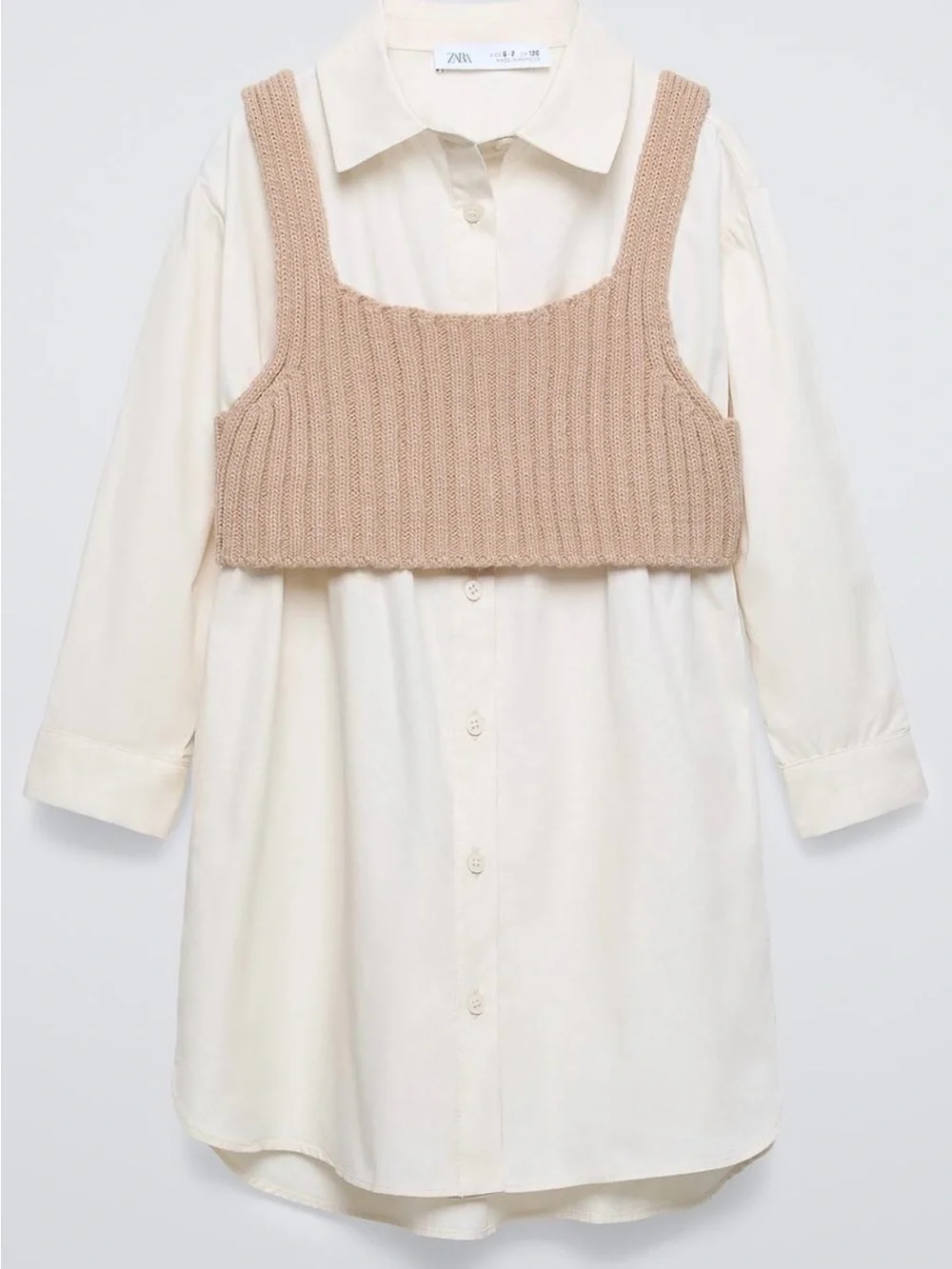 Zara Girls’ Cream Shirt Dress with Beige Knit Crop Top Size 13-14Y